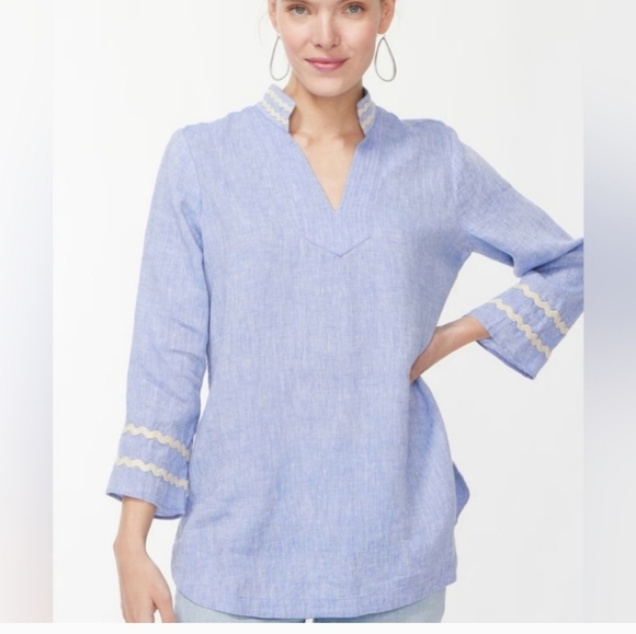 Chicos Linen Embrioderd Tunic Top Blue with White Accents Size 0.5 (6) - Picture 5 of 10